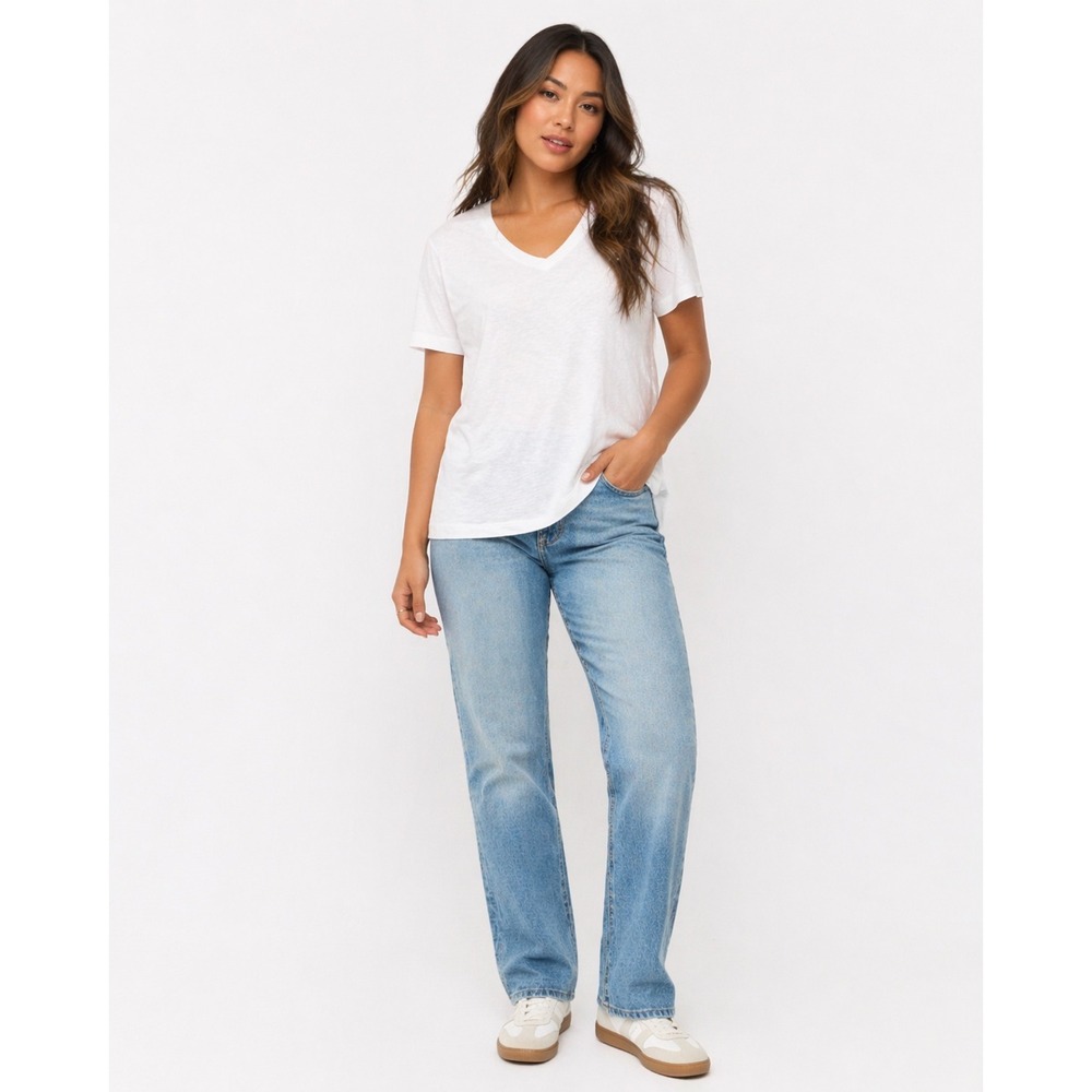 Time and Tru T-Shirt Women L White V-Neck Short Sleeve Cotton Basic Essential